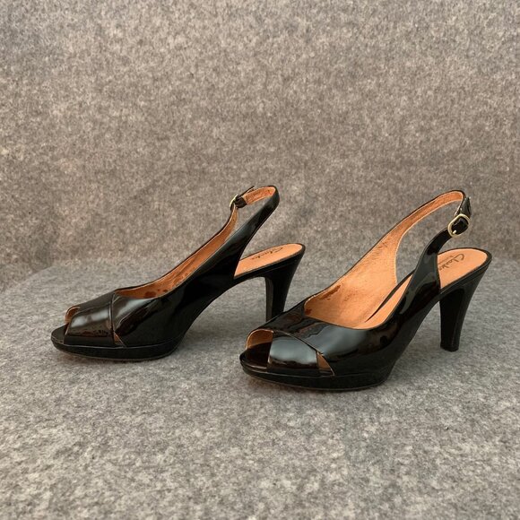 Clarks Artisan Women's Patent Leather Black Shoes Sling Back Heel Peep Toe Shoes - Picture 4 of 12